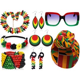 11 Pcs Women's Juneteenth Jewelry Set, African Queen Wooden Dangle Earrings Jamaican Rasta Beaded Bracelet Necklace Black Red Green Yellow Flower Crown Headband Square Sunglasses African Turban