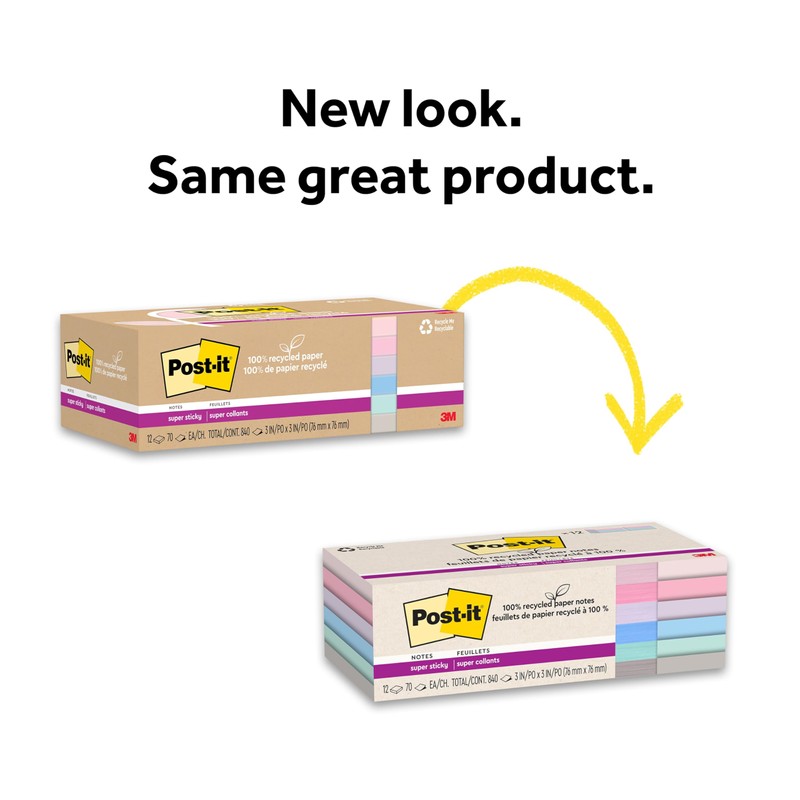 Post-it 100% Recycled Paper Super Sticky Notes, 3 in. x