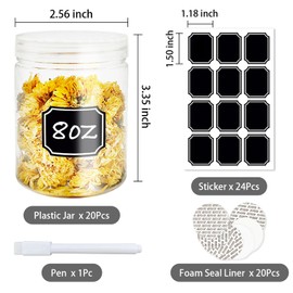 Dayify 20 pack 8oz Plastic Jars with Lids, Refillable Round Empty Containers for Cosmetics, Leakproof Clear Storage Containers with Pen Labels for Dry Food, Cookie, Cream, Butter, Slime