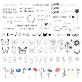 Realistic Temporary Tattoo - 86 Sheets Tiny Small Fake Tattoos, 24 Pcs Inspirational Quotes Words Fake Tattoo, 62 Pcs Long Lasting Wild Flower Floral Bouquet Leaf Adult Fake Tattoos Stickers