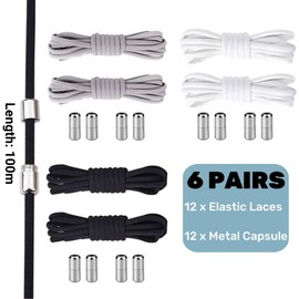Difistik 6 Pair No Tie Elastic Shoe Laces, Black Gray White Shoe Laces, No Tie Shoe Laces for Adults Kids, Running Walking Boot Laces with Metal Buckles Lazy Shoelaces for Trainers
