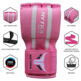 Mytra Fusion Kids Boxing Inner Gloves Hand Wraps Protection Easy Wraps Gloves Gel Padded along Wrist Strap Closure (Kids, Pink/White)