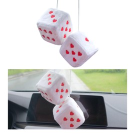 Ziciner Pair Fuzzy Plush Dice for Car Mirror, 3'' Retro Square Dice with Heart-Shape, Universal Auto Rearview Mirror Hanging Ornament Decoration, Vehicle Interior Accessories for Women (White)