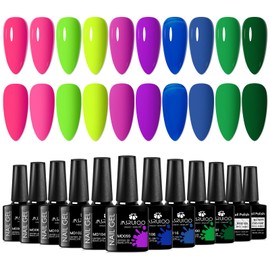 MSRUIOO Gel Nail Polish Kit 12PCS Gel Polish Set 10 Colors Hot Pink Green Purple Blue Neon Colors All Seasons Nail Gel with Glossy Top Coat and Base Coat for Nail Art DIY 8ml