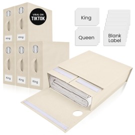 TOSORO 6 Pack Bed Sheet Organizer and Storage, Foldable Storage Bed Sheet Organizer for Linen Closet with Viewing Window & Label for Bedding Sheets & Blankets (Queen & King Size) Cream