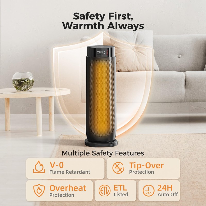 BREEZOME Space Heaters for Indoor Use, 1500W, with Thermostat, 24H
