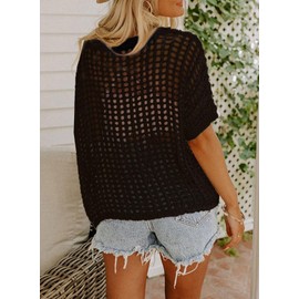 BUNSLOOM Beach Dress Women's Short Sleeve Pullover Fashion Hollow Round Neck Knitted Tops Cover Ups, black, L
