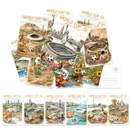 World Cup 2026 - Juego de postales (32 piezas) - Ilustraciones de la ciudad - Postales de fútbol clásico resistentes al agua para decoraciones de copa