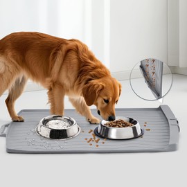 Ligebul Dog Food Mat, 34"X24" Large Dog Mats for Food and Water Silicone Pet Food Mat with Residue Collection Pocket Waterproof Large for Feeding Cat Bowl Floors-Gray