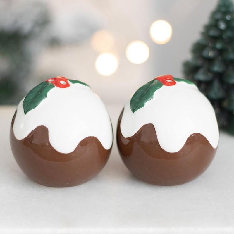 Christmas Pudding Salt and Pepper Shakers - Festive Ceramic Holiday
