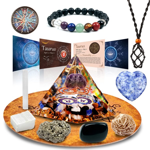 vuUUuv Horoscope Orgone Pyramid, Taurus Healing Crystal Gift Set, Zodiac Stones for Accompanying Birthstone, for Astrology, Reiki, Energy, Meditation