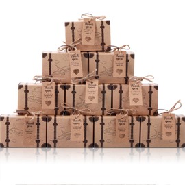 50 Sets Mini Suitcase Boxes Small Candy Boxes Travel Themed Wedding Favors Box Vintage Suitcase Box with Thank You Tags and Burlap Twine for Wedding Party Bridal Shower Birthday(Dark Coffee)