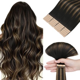 hotbanana Tape-In Real Hair Extensions, 35 cm, Tape Extensions, Real Hair, 14 Inches, 10 Pieces, 25 g, Balayage Natural Black to Chestnut Brown, Real Hair Extensions Tape, Straight, Remy Real Hair