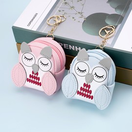BUNCHBRAO Cute Owl Coin Pouch, Pack of 2, Mini Cartoon Zipper Keychain Purse Bag for Earbuds, Balm or Small Essentials, Pink & Blue Set, Pink and Blue, Small