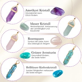 iewrtcin Pack of 5 Hexagonal Crystal Pendants with Chains - Stones Hexagon Pendant Necklace Crystals Chain Colourful Healing Crystals Chakra for Men and Women, Crystal, Amethyst