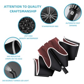 Pioggistar Windproof Folding Umbrella, Automatic Reverse Umbrella, Large Rain Umbrella, 10 Reinforced Ribs for Men and Women, with Torch, Diameter 105 cm, red