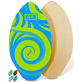 BPS 'Koru' Best Performance 40" Wooden Skimboard | Colored EVA Grip Pad High Gloss Clear Coat | Kids and Adults, Textured Wax Free Foam | Blue with Lime Green Accent