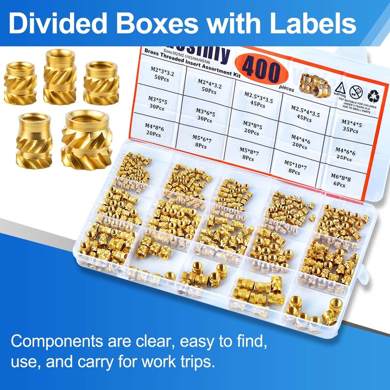 400 Pcs Zruosiniy Premium Brass Threaded Inserts Kit, M2 M2.5