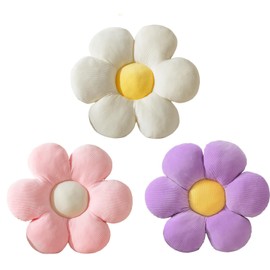 3Pcs Flower Pillow - Flower Shaped Throw Pillow Seating Cushion, Cute Daisy Flower Pillow Floor Pillows for Adults Kids Home Bedroom Sofa Chair Couch Decor (White/Pink/Purple, 15.74 in+19.68 in)