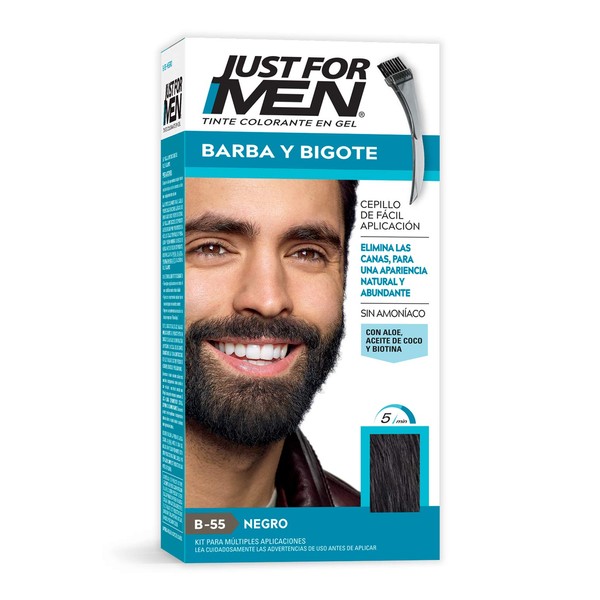 Just For Men Tinte Colorante en Gel para Barba y Bigote, Color Negro B55, Sin Amoníaco, Con Cepillo De Fácil Aplicación, 66ml