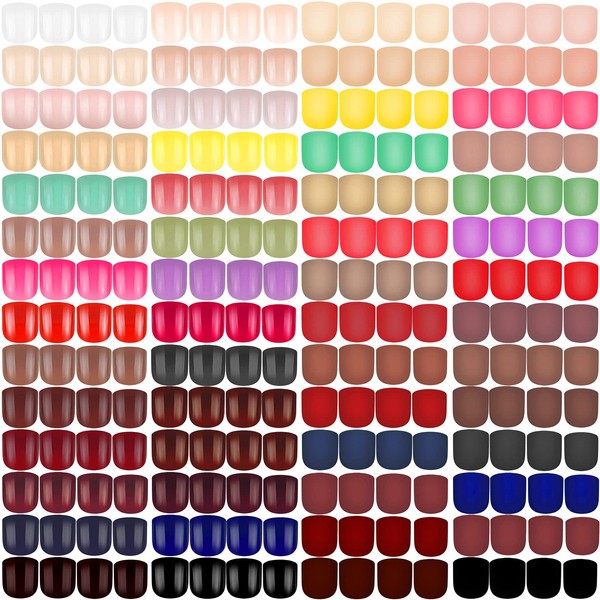 1344 Pieces 56 Sets Short Square Press on Nails Matte and Glossy Fake Nails Coffin Art False Nails Colorful Full Cover Artificial Nails Solid Color Artificial Fingernails for Women Girls, 2 Styles