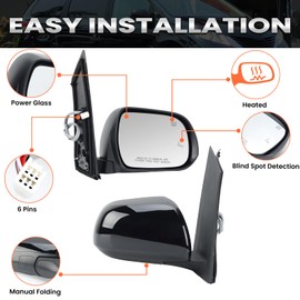 Right Passenger Side Mirror Compatible with Toyota Sienna 2013-2017 Heated Blind Spot Detection Power Glass Manual Folding Door Mirrors Black (6 Pins)
