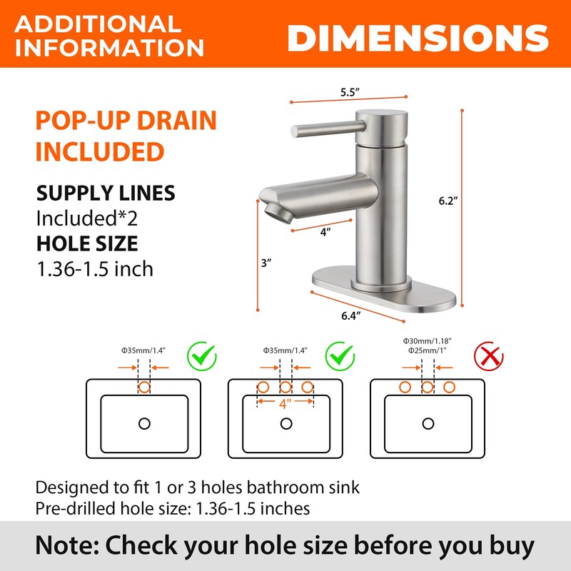 Brushed Nickel Bathroom Sink Faucets Single Hole Single Handle Stainless