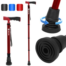 WLKPAL Adjustable & One-Button Folding Walking Cane for Women & Men, WLKPAL A-4, All-New Unibody Safety Tech, 2 Swappable All-Terrain Tips, Anchor Series Cane for Portability (Red)