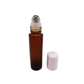 Perfume Studio® Set of Translucent Amber Glass Roll Ons with Metal Ball Applicators- Ideal for Essential Oil - 10 ml (6, White Cap)