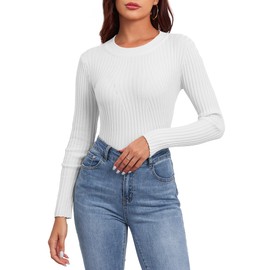 Famulily Ladies Classy White Sweater Jumpers Soft Ribbed Knit Long Sleeve Pullover Fall Winter Tops (L, White)