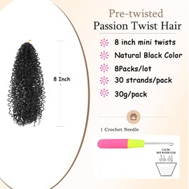 XGY Hair 8 Inch Short Yanky Twist Crochet Hair Pre-looped 8 Packs Yankee Twist Hair Black Senegalese Twists Crochet Hair with Curly Ends Synthetic Crochet Braids (1B)