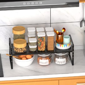 MIYUPTC Expandable Cabinet Storage Shelf Organizer Rack, Heavy Duty Steel Metal Spice Rack Adjustable Height Home Office Pantry Shelf Space Riser for Counter Kitchen Organization -Black