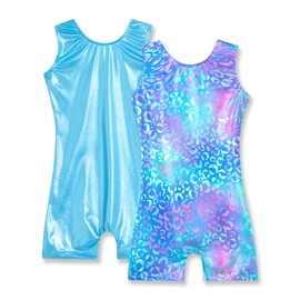Nymphperi Leotards for Girls Gymnastics Size 6-7 Years Old Sparkly Blue Leopard Tumbling Biketards Shiny Gym Tank Leos, 2pcs Blue & Leopard, 6-7 Years