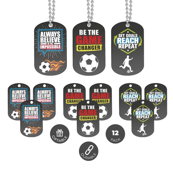 (12-Pack) Soccer Dog Tag Necklaces with Motivational Quotes - Wholesale Bulk Soccer Giveaway Gifts for Soccer Party Favors and Goodie Bag Items - Unisex for Youth Teen Boys Girls Adult Men Women