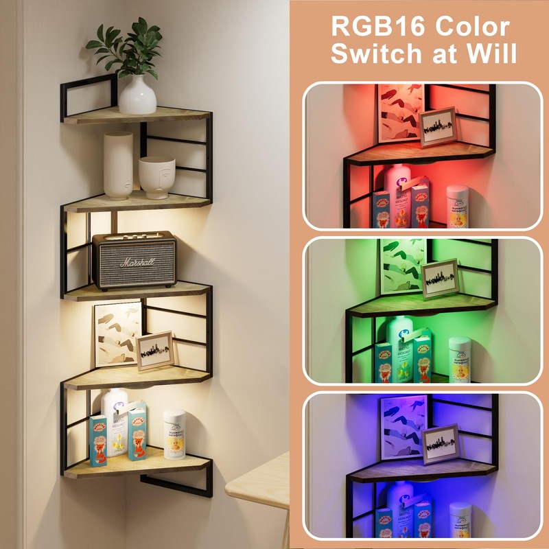 WFSRESTD Floating Corner Shelves with Light - 5 Tiers Metal