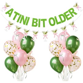A Tini Bit Older Banner Martini Garland 12in Balloons with DIY bow Ribbon for Martini Themed Birthday Decorations Espresso A Tiny Bit Older Birthday Martinis Party Decor (Green Pink)