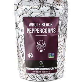 Soeos Black Peppercorns, 8oz (Pack of 1), Non-GMO, Kosher, Packed to Keep Peppers Fresh, Peppercorn for Grinder Refill, Whole Peppercorns (Package may vary)