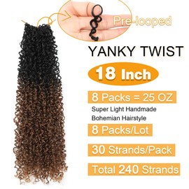 Aksice 18 Inch 8 Packs Yanky Twist Crochet Hair for Women Pre-looped Mini Twist Hair Bohemian Passion Twist Crochet Hair Boho Crochet Braids Synthetic (#OT30)