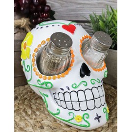 Ebros Day of The Dead Tattoo White Sugar Skull Salt And Pepper Shakers Holder Figurine Romantic Skull Kitchen Decor
