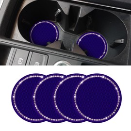 Kutyun 4Pcs Car Cup Coaster, 2.75" Universal Auto Car Cup Holder Insert Coasters, Non-Slip Crystal Rhinestone Drink Car Cup Mat, Universal Car Interior Accessories for Women Men (Dark Blue, Drilled)