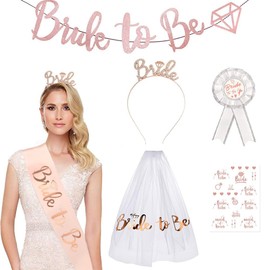 Amaezorx 1 Set Bride to Be Sash & Tiara Set - Wedding Hen Party Accessories Kit with Veil Comb, Temporary Tattoos, Bachelorette Decorations - Bridal Shower Games Essentials