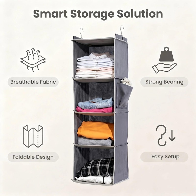 4-Tier Hanging Closet Organizer, Foldable Shelves, Grey for Dorm RV