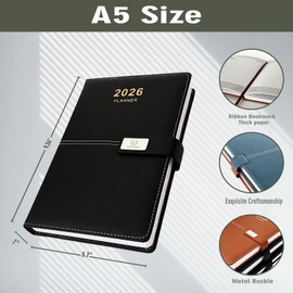 2026 Daily Planner - One Page per Day, 2026 Hourly Daily Calendar(Jan-Dec 2026), 5.7" x 8.26" Appointment Book, Leather Cover + Thick Paper (Black)
