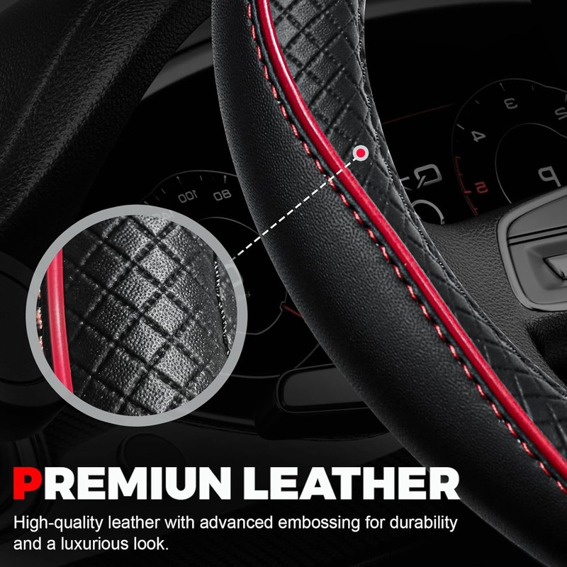 Ouzorp Cubierta duradera de piel para volante de coche, rojo