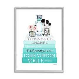 Stupell Industries Glam Fashion Cosmetics Soft Roses Blue Bookstack, Designed by Amanda Greenwood Gray Framed Wall Art, 24 x 30