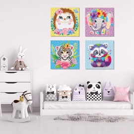 4 Packs Diamond Painting Kits for Kids, Cartoon Animals 5D DIY Diamond Arts Mosaic Kits for Adults Beginners, Full Round Drill Gem Art and Craft for Kids, Crystal Diamond Art for Decor 6X6 inch