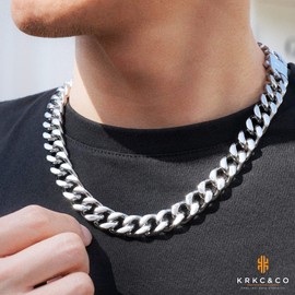 KRKC&CO 12 mm/14 mm Curb Chain, 18 K Gold/White Gold Plated, Cuban Link Chain, Stainless Steel Curb Chain, Men's Gold Cuban Link Chain, Silver Chain, Hip Hop Chain for Men and Boys, Size 46 - 66 cm, Stainless Steel, Silver 14 mm