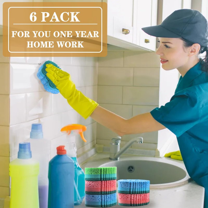 6 Pack Dual Sided Scrub Sponge, Bulk Sponges,Dual-Sided Multi-Functional Premium