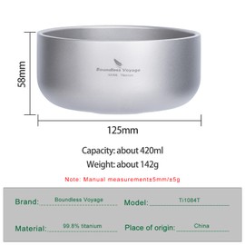 Boundless Voyage 420ml Titanium Double Walled Bowl for Adult Children Ultralight Portable Soup Rice Food Bowl Outdoor Camping Durable Metal Tableware Ti1084T