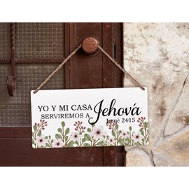 huester Christian Spanish Hanging Wood Plaque Sign, Christian Wall Decor, As for Me and My House Wall Decor, Religious Wall Decor, Joshua 24:15 Spanish Bible Verses Floral Home Wall Decor, 12x6 inches